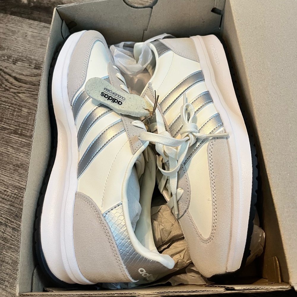 Adidas White and Silver Athletic Shoes